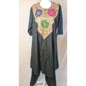 Vintage Black & Gold Embroidered Tunic Dress Kaftan –‎ Floral Metallic Boho...